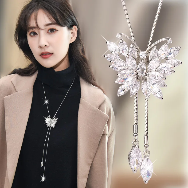 LWMMD Zircon Swan Long Necklace Sweater Chain Fashion Metal Crystal Flower Pendant Necklaces Adjusted on - Цепочка для свитера с длинным ожерельем из циркона и лебедем, модный металлический кристальный цветок подвески, ожерелья с регулируемой длиной.