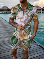 summer mens fashion comfort suit casual vintage flower 3d print polo zip lapel shirt short sleeve suit streetwear