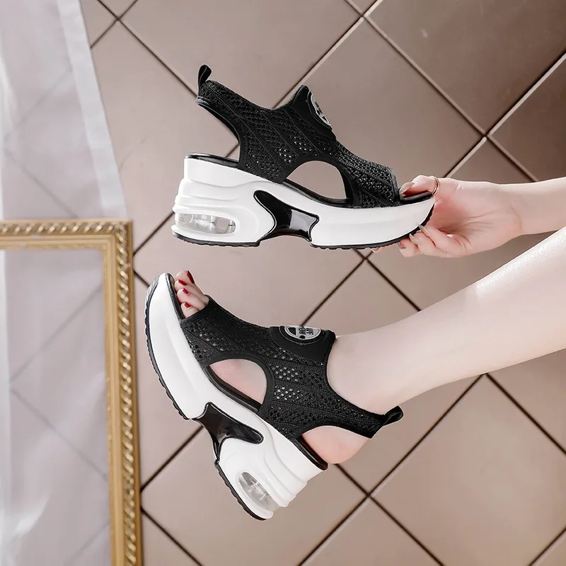 8CM New Air Mesh Breathable 2023 Young Women Sandals Elevator Shoes Famale Fashion Summer Peep Toe Platform Wedge Ladies Shoes