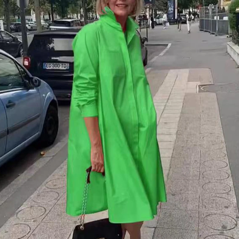 

Женское офисное платье с отложным воротником, Элегантное повседневное свободное платье-рубашка с длинным рукавом, однотонное праздвечерни...