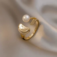 minar cute lovely gold color bean ingots charm rings for women brass simulated pearl open adjustable ring casual accessories