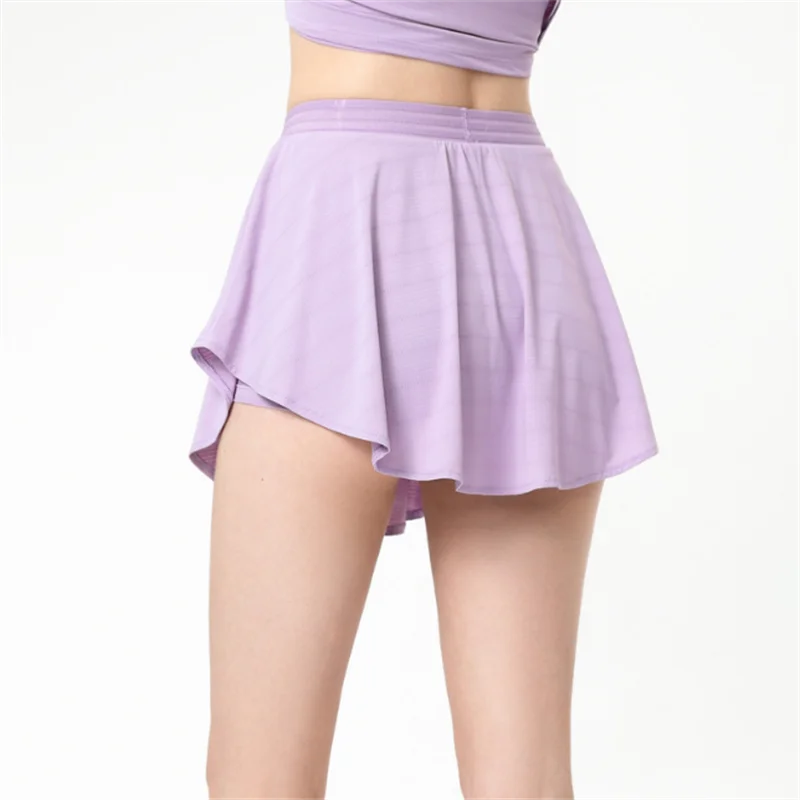 

LULU YOU LIKE Yoga Fake Two Pieces Tennis Skirt Women Breathable Running Sports Cross Stripe Within Liner Pleated Mini Skirt