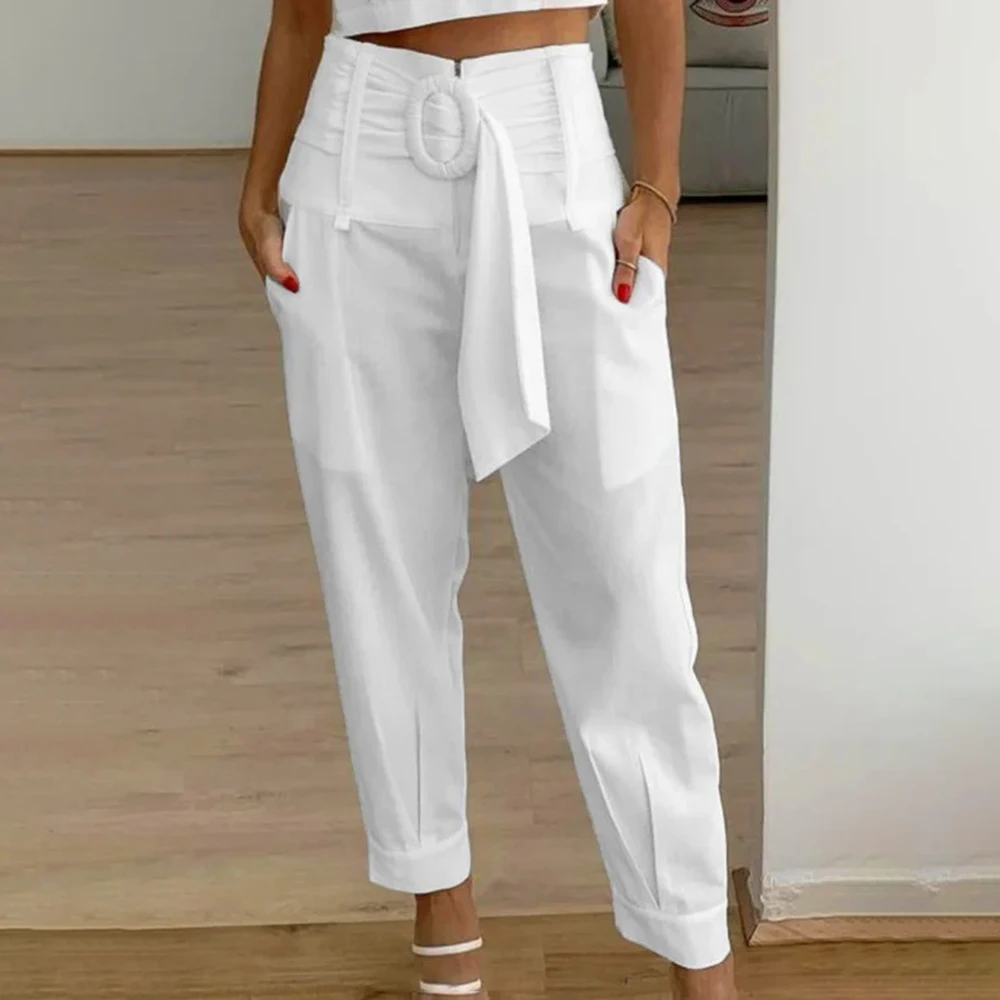 Women Fashion High Waist Lace-up Pencil Pants Casual Pockets Solid Straights Long Trousers Elegant Zipper Loose Sports Trousers