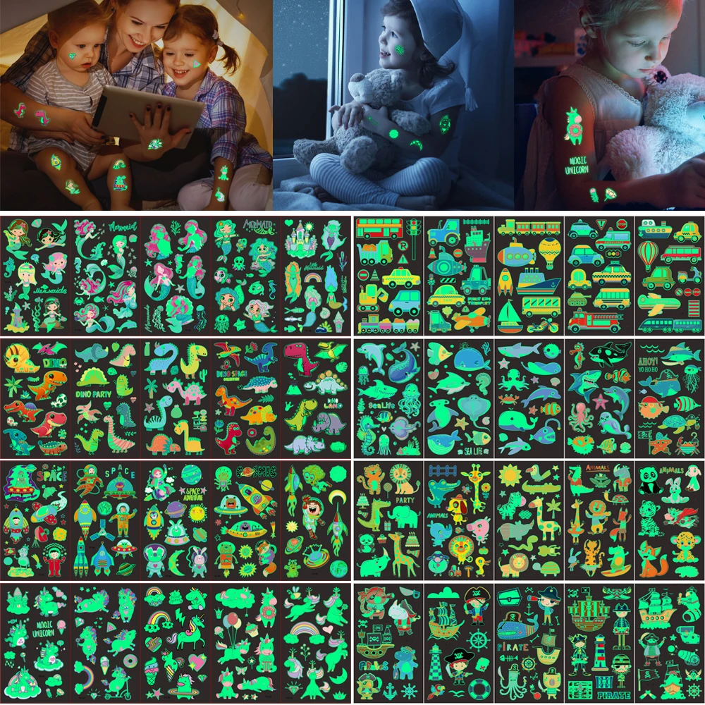 5 листов светящиеся тату-наклейки для лица единорог Русалка динозавр |