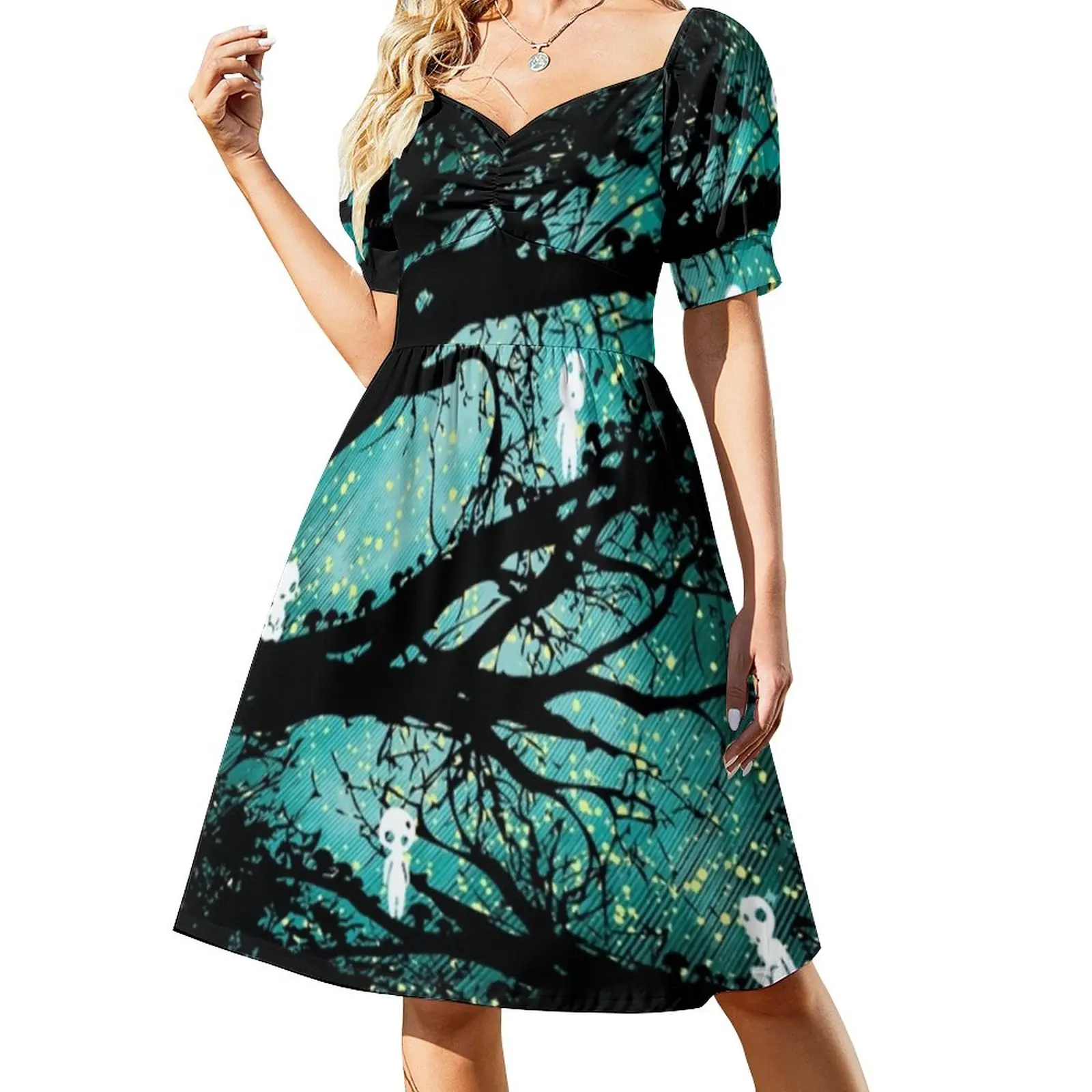 

Funny Japanese Anime Dress Tree Spirits Elegant Dresses Woman Short Sleeve Aesthetic Casual Dress V Neck Oversized Vestidos