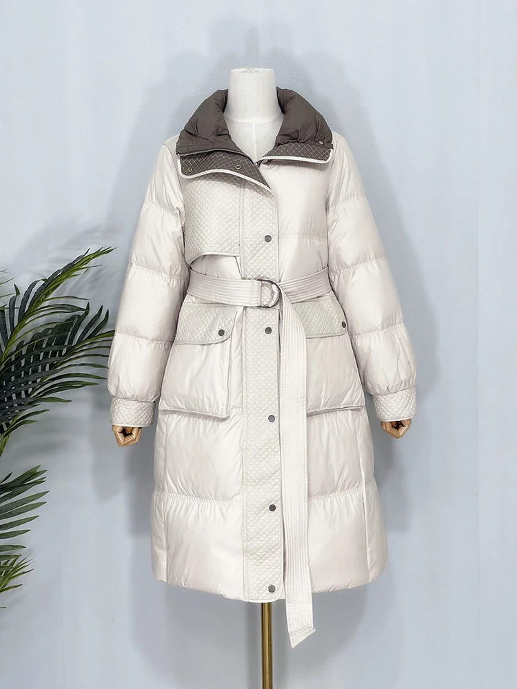 90% 2023 White New Duck Down Jacket Women Winter Stand Collar Slim Waist Over The Knee Puffer Coat Thickened Warm Parkas
