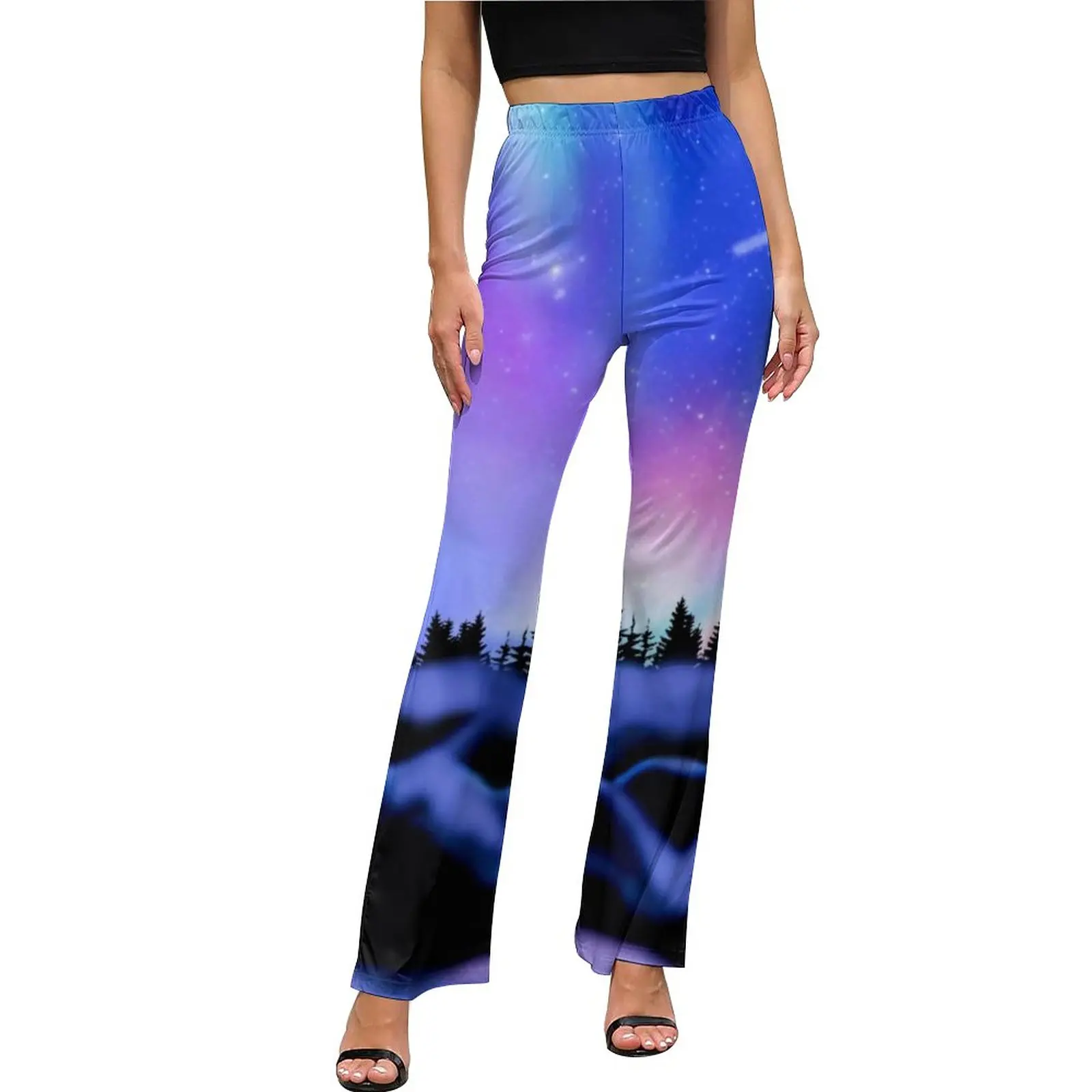 

Mountains Galaxy Pants Womens High Waist Northern Dreamy Lights Aesthetic Flared Pants Hot Home Pattern Plus Size Trousers