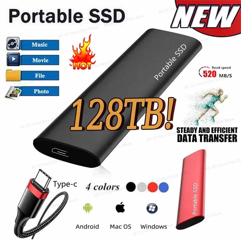 

100% Оригинальный Портативный SSD 128 ТБ жесткий диск 64 ТБ 30 ТБ 2 ТБ 1 Тб внешний SSD Φ C USB3.1 жесткий диск USB флэш-накопитель