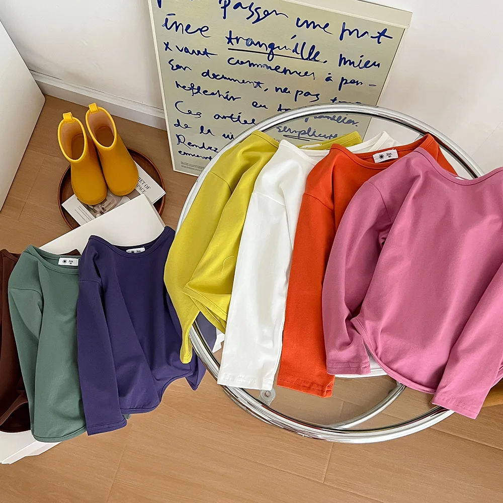 

2022 Autumn Children T Shirts Long Sleeve Shirts for Kids Candy Color Boys Tees Girls Blouse Curved Hem Toddler Outfits Clothing