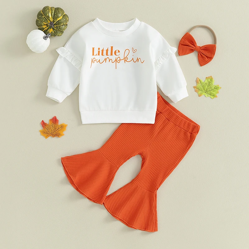 

Toddler Baby Girl Halloween Clothes Set Letter Print Long Sleeve Sweatshirt Solid Ribbed Flare Pants Headband Outfit 0-3Years