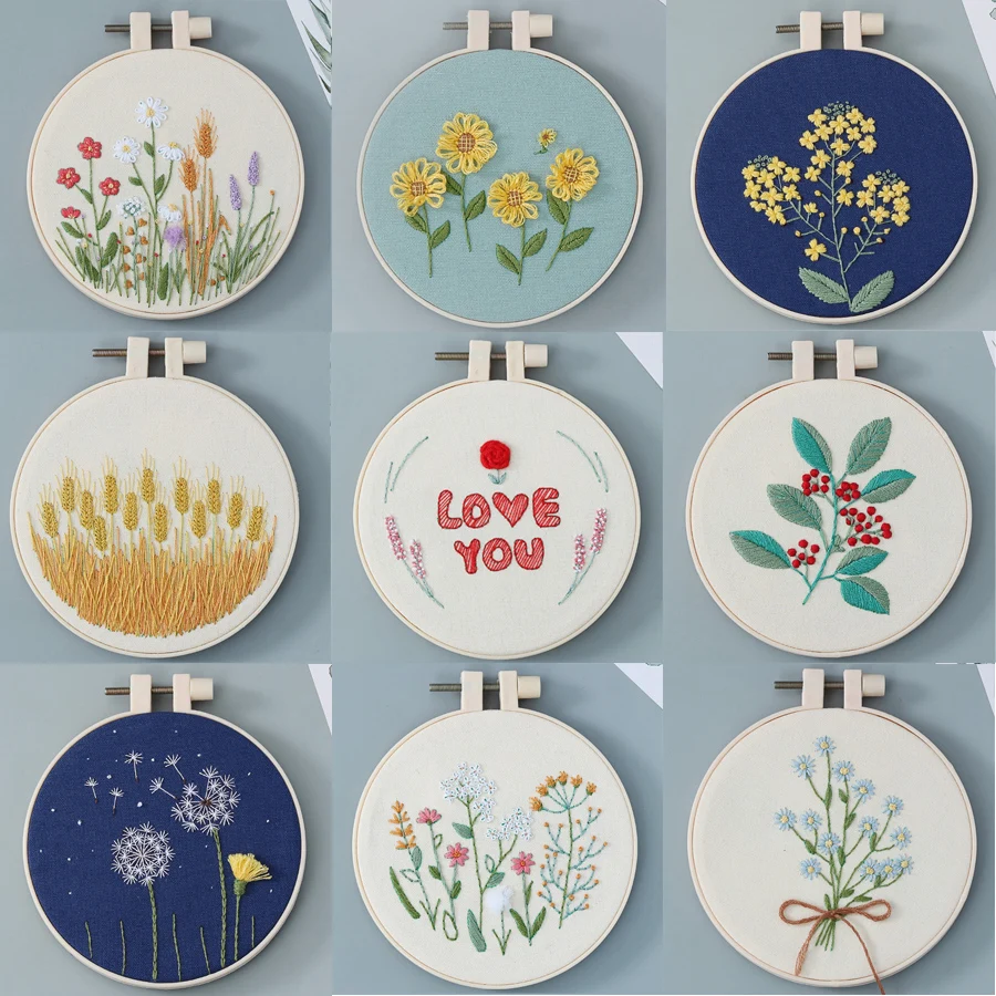 DIY Flowers Plants Pattern Embroidery Set Needlework Tools Printed Beginner Round Cross Stitch Kit Sewing Craft |