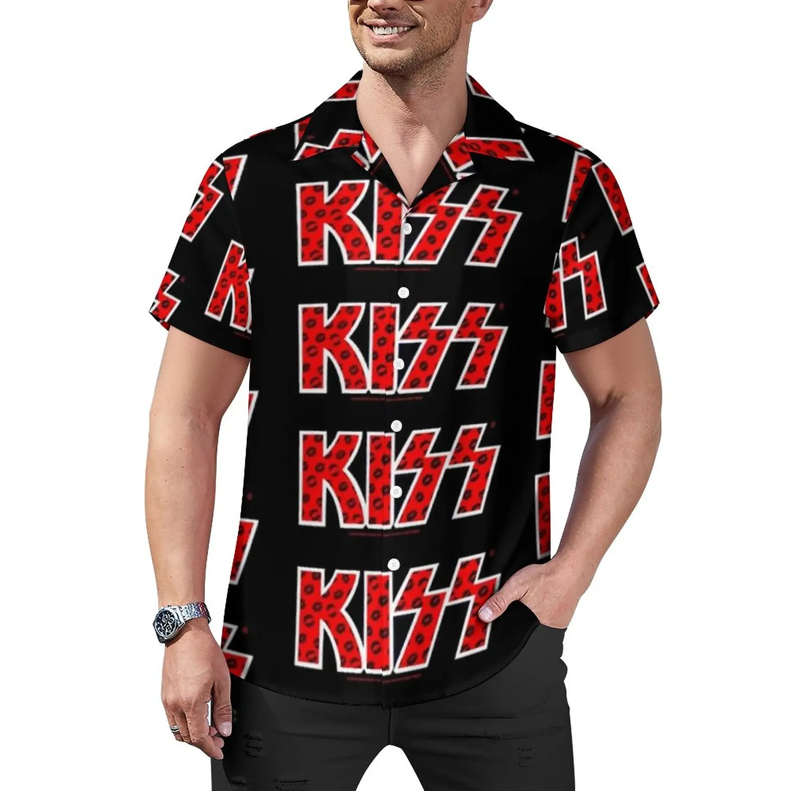 

Рубашка Kiss Band мужская свободного покроя, Пляжная Повседневная Блузка с коротким рукавом и логотипом «губы», крутая с графическим принтом, б...