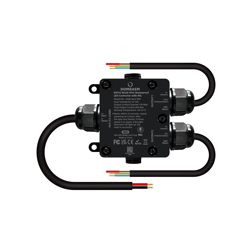 IP65 Водонепроницаемый светодиодный контроллер DOMRAEM ESP32 WLED 2CH |   Наружное использование, предохранитель 20 А и синхронизация музыки |   Поддерживает микросхемы WS281X SK6812 APA102