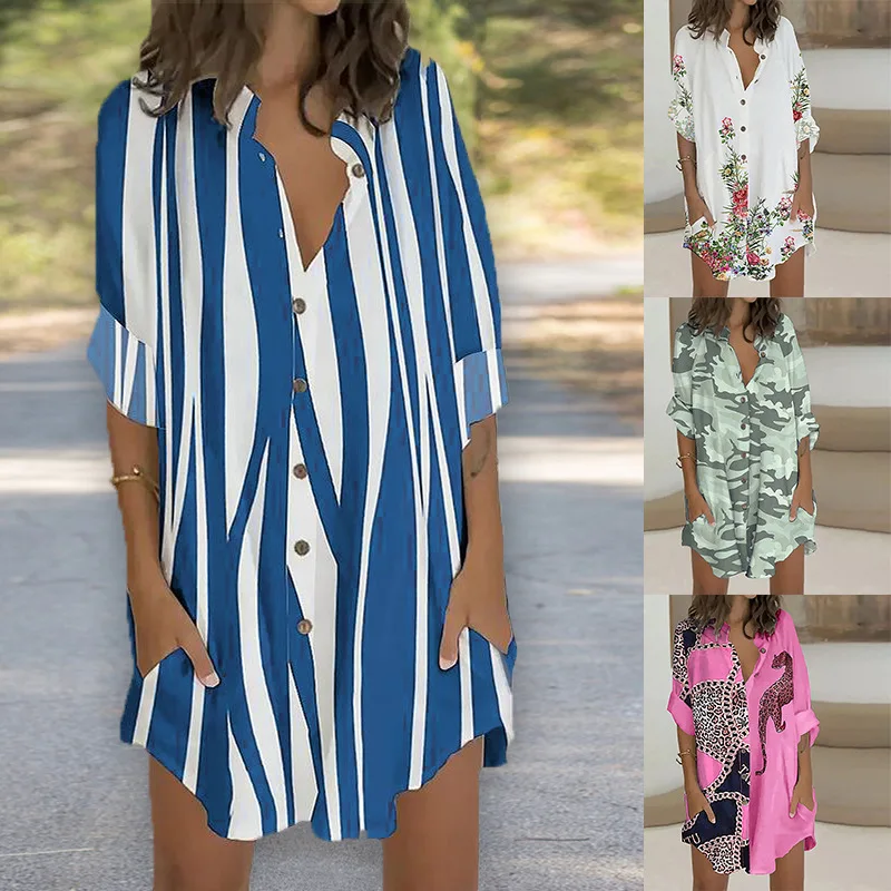 

2023 Summer New Women's Fashion Print Long Sleeve Cardigan Single Breasted Loose Shirt Blouse Oversize