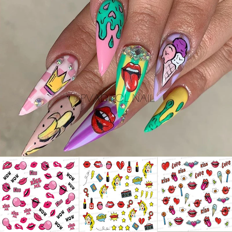 

Pop Art Nails Stickers Sexy Red lips Lollipop Bubble Gum Lettering Nail Deals Sliders Wow Hot Cool Girl Style Nail Sticker Decor