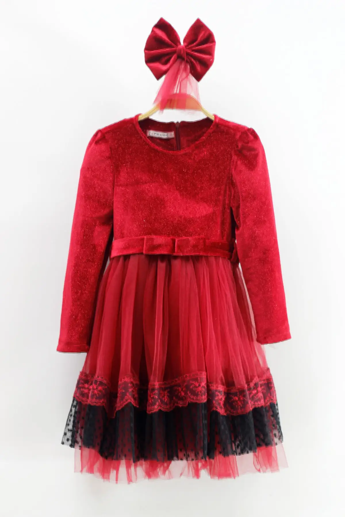 

Платье До Колена из бархатной ткани и тюля для девочек, красная одежда