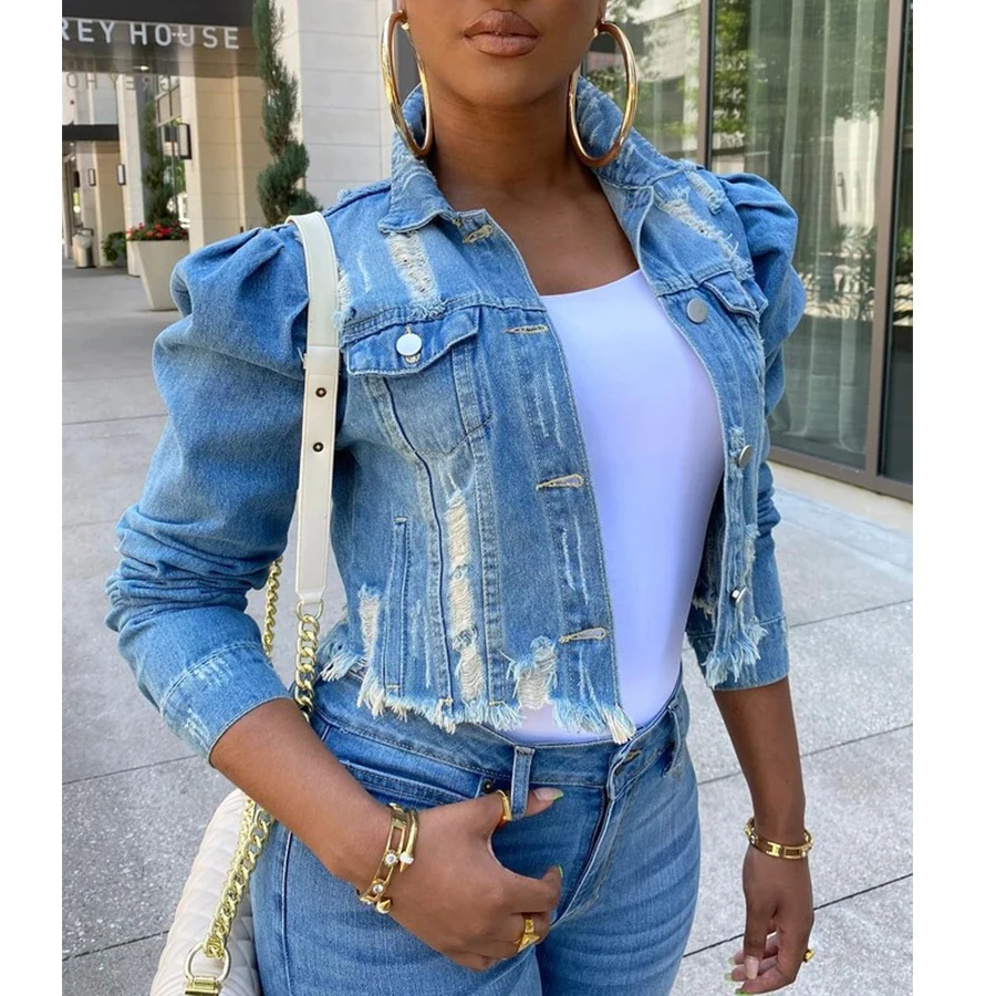 

Alpha Kappa Alpha Printed short frayed puff sleeve denim jacket