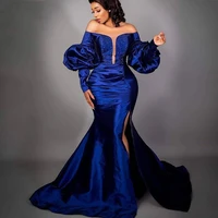 royal blue strapless beading side slits fluffy long sleeved mermaid prom dress formal party banquet dress