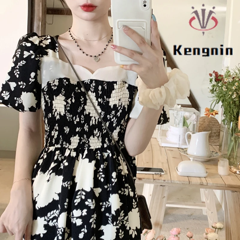 

Летние платья для женщин, свободное платье в французском стиле, модель 4XL, с пышными рукавами, плиссированное Дамское Платье в стиле пэчворк,...