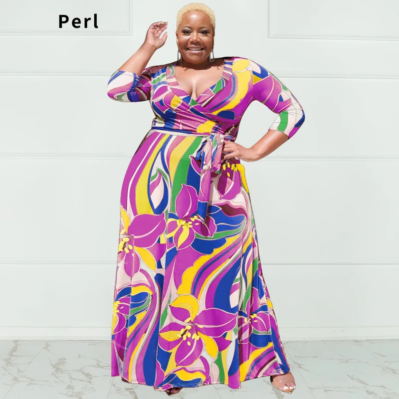 

Perl Xl-5xl Plus Size Printed Maxi Dress Women Three Quarter Sleeve Long Skirt Casual Fashion Outfit vestidos de verano mujer