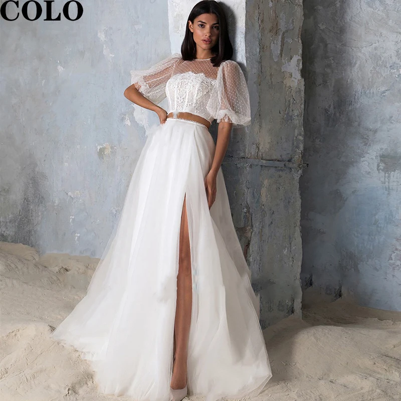 

Boho Wedding Dress 2022 Women's Dresses Puffy Short Sleeves Abiti Sposa Sexy Bridal Beach Tulle Wedding Gowns Side Split