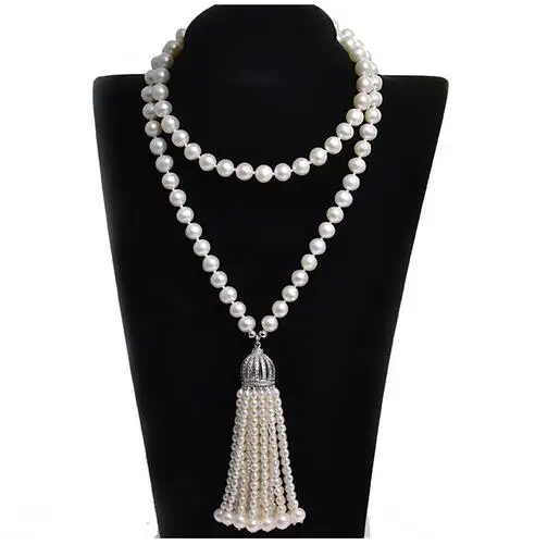 free shipping fringe Long 100% real Natural pearl Necklace suitable for wedding and party 32inch jewelry