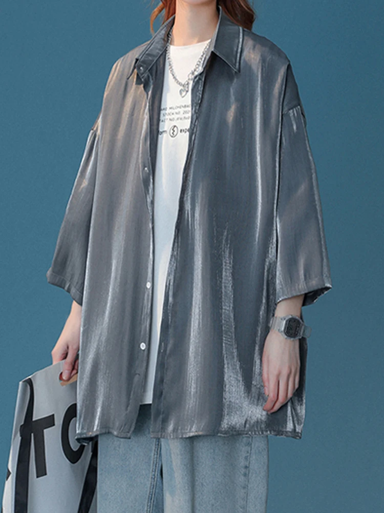

Three Quarter Sleeve Shirt Women Turn Down Collar Basic Casual Teen Gril Oversize Shirt Women Loose Blouse