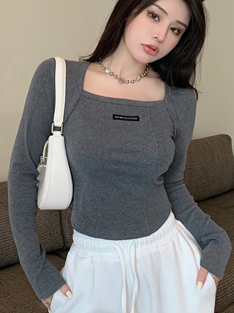 

Spring Autumn Women Slim Bottoming Shirt Tops Female Long Sleeve High Elasticity Cotton T-shirt Women Solid Square Neck T Shirts
