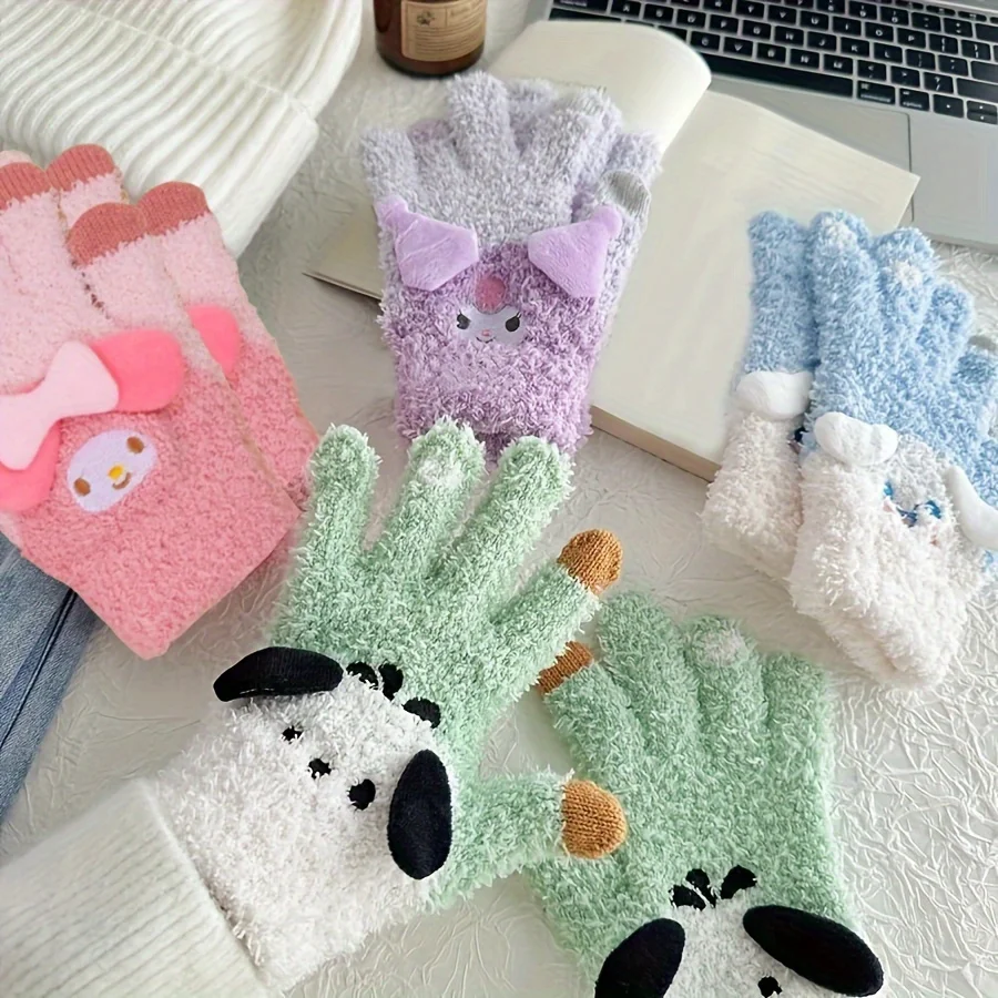Sanrio Pochacco перчатки плюшевые Kuromi морозостойкие My Melody Cinnamoroll с пятью пальцами