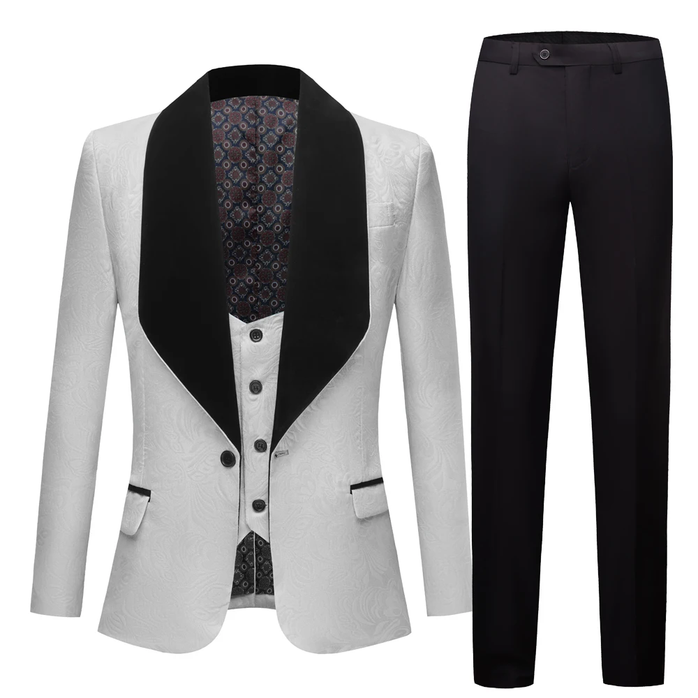 

Мужские свадебные костюмы, белые жаккардовые костюмы для жениха с черным воротником, смокинговые костюмы для мужчин, комплект из трех предметов (пиджак + жилет + брюки)