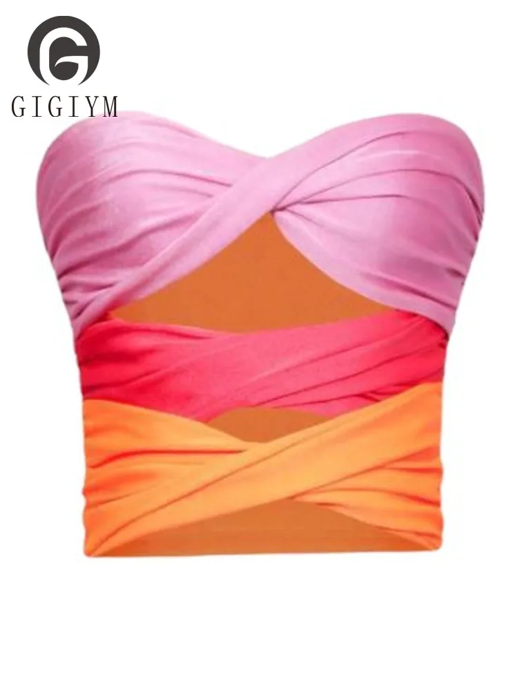 

[GIGIYW]2022 Fashion Sexy Hollow Patchwork Knotted Sleeveless Slim Tank Summer Casual Strapless Crop Top Streetwear Women DZ001