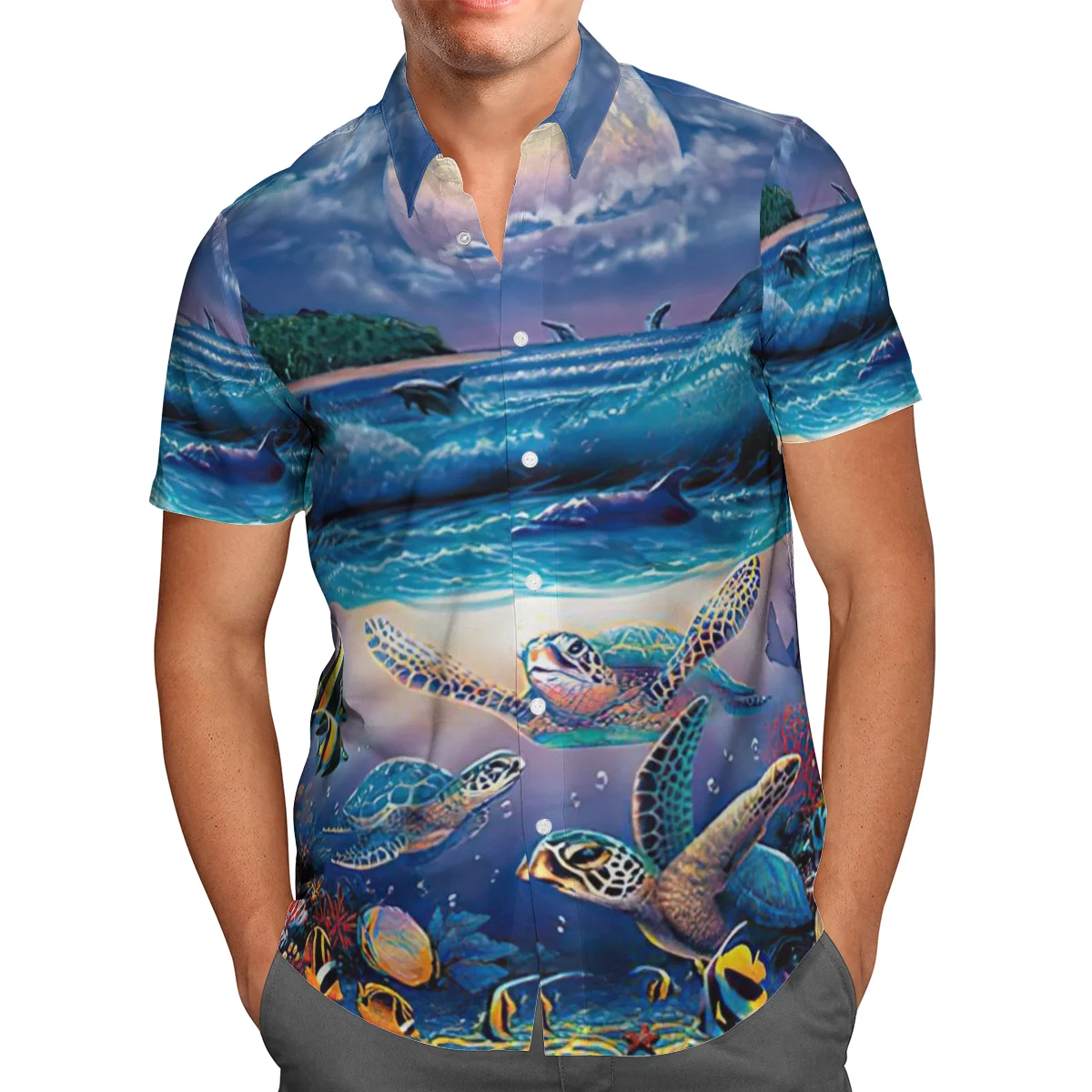 

Харадзюку, унисекс, красочные, с морской черепашкой, в стиле панк, Гавайские рубашки, 3D принт, для отдыха, Мужская крутая рубашка с коротким р...