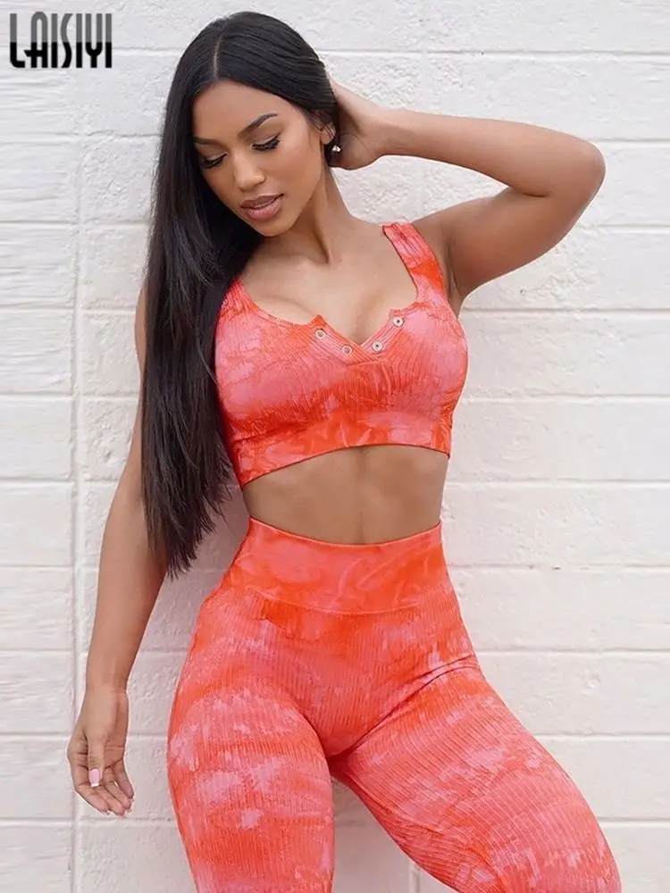 

2PCS Seamless Suits Women Workout Sportswear Gym Clothes Fitness Bra with Button Crop Top Tie Dye High Waist Leggings Sports Set