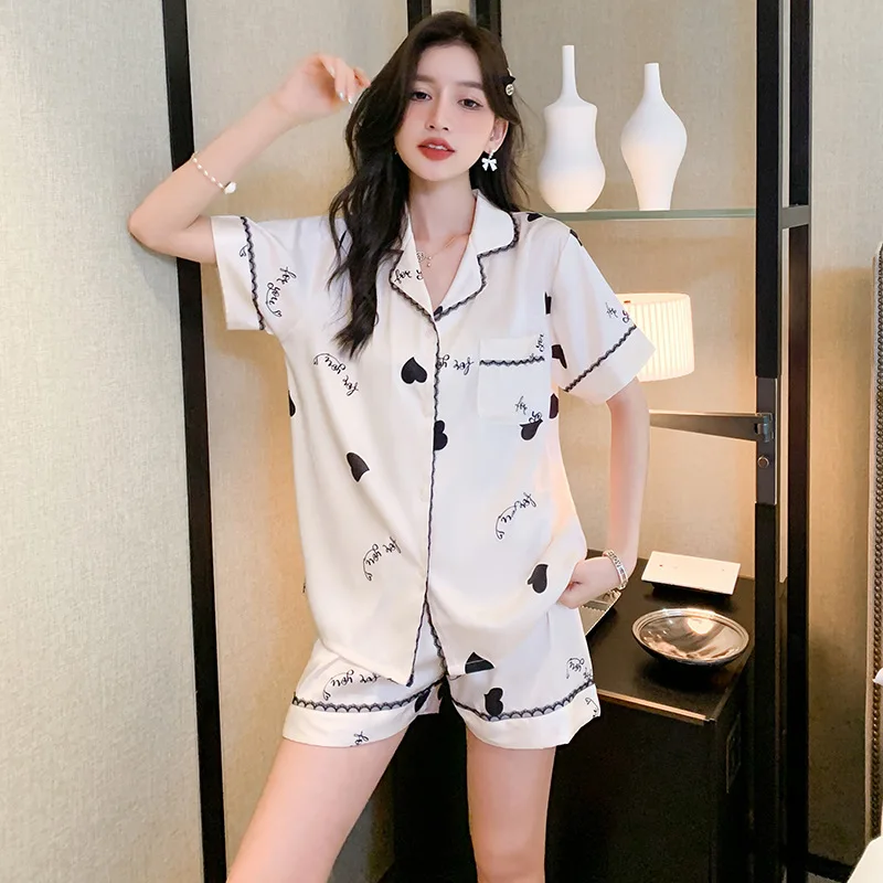 

Heart Print Womens Summer Cute Homewear Short Sleeve Shirt&Shorts 2 Piece Suit Rayon Pijamas Casual Sleepwear Comfort Nightwear