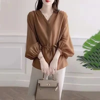 fashion v neck asymmetrical lantern sleeve button oversized chiffon blouse loose irregular elegant women clothing commute shirt