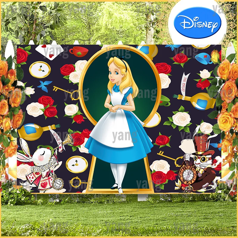Cartoon Princess Disney Alice In Wonderland Newborn Birthday Party Decoration Rose And Wine Backdrop Wall Background Banner