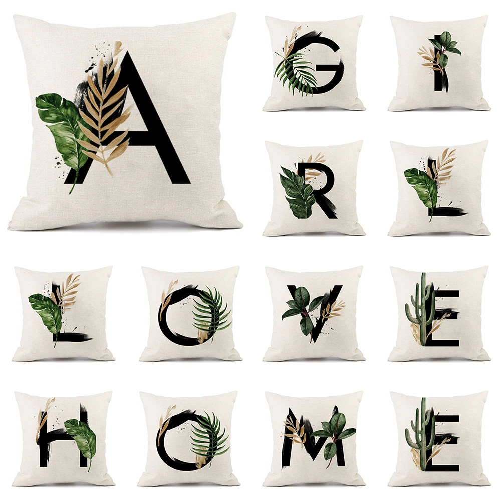 

A-Z Green Leaf English Alphabet Cushion Cover Office Sofa Decorative Letters Pillowcase Home Decor Throw Pillows Cover 45x45cm