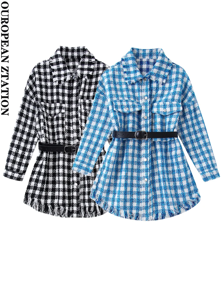 

PAILETE women 2022 fashion with belt tweed plaid shirt vintage long sleeve frayed trims female outerwear chic overshirts