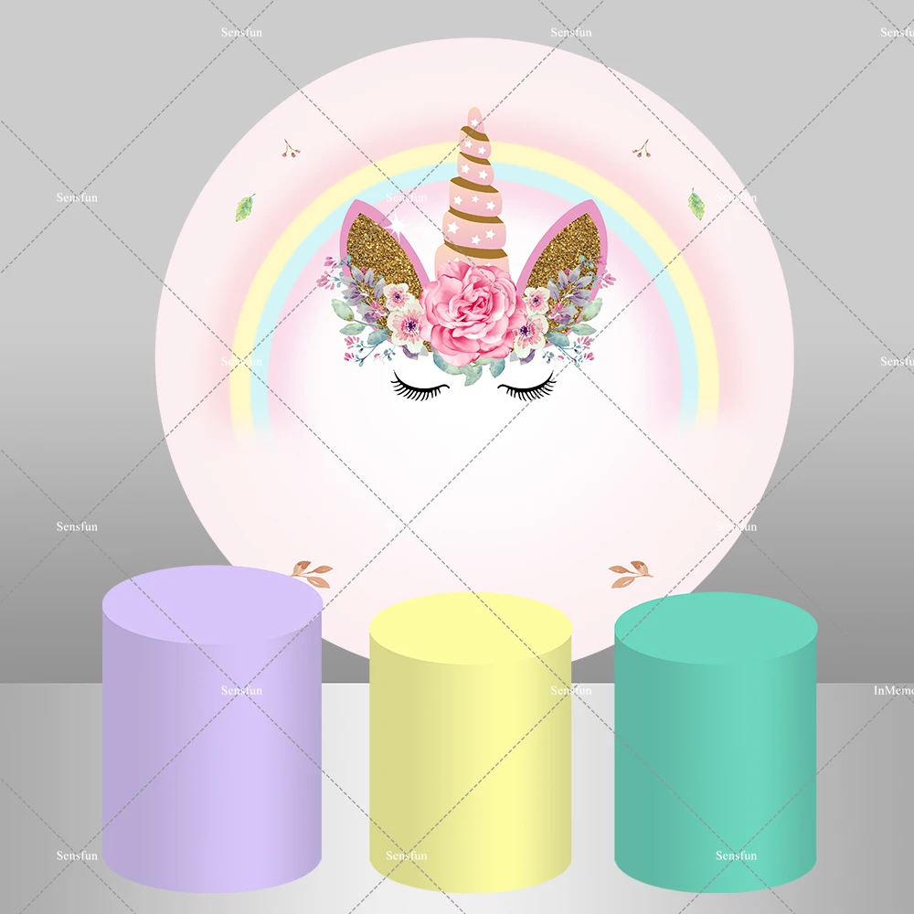 

Rainbow Unicorn Birthday Round Backdrop Cover Flowers Unicorn Party Decoration for Kids Baby SHower Pastel Cylinder Cover
