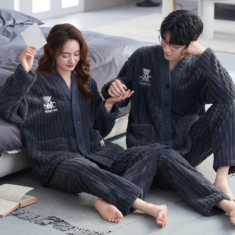 QUHENG Flannel Pajama Sets for Men Long Sleeve Thick Warm Coral Velvet Sleepwear Suit Winter Autumn Pyjamas Homewear Clothes