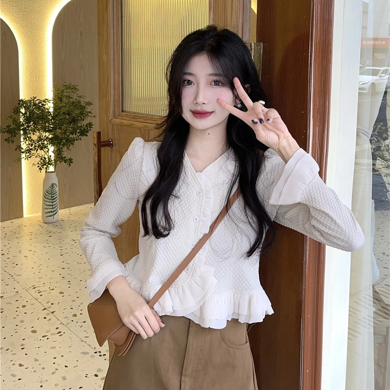 Кроп-рубашка Y2K женская с оборками милая блузка свободного покроя в Корейском