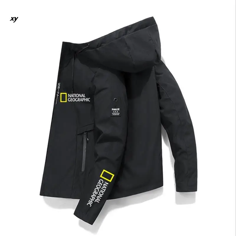 

Men's Spring and Autumn New National Geographic Jackets High Street Trendy Printing Cargo Coat Stitching Windproof Pilot Jacket