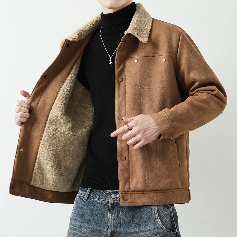 

New Men's Winter Lambswool Jacket Outdoor Casual Padded Thickened Jackets Loose Warm Middle-aged Lapel Cotton Denim Jacket 4xl
