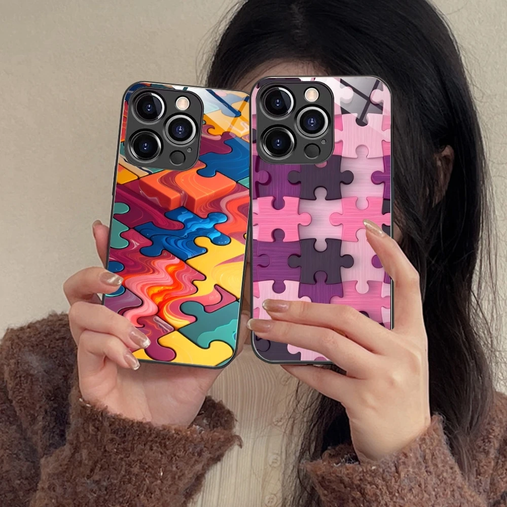 Puzzle Pretty Fashion Mobile Cell Phone Case for iPhone 16 15 14 13 12 11 X XR XS 8 Pro Max Plus Mini PC Glass Cover Shell