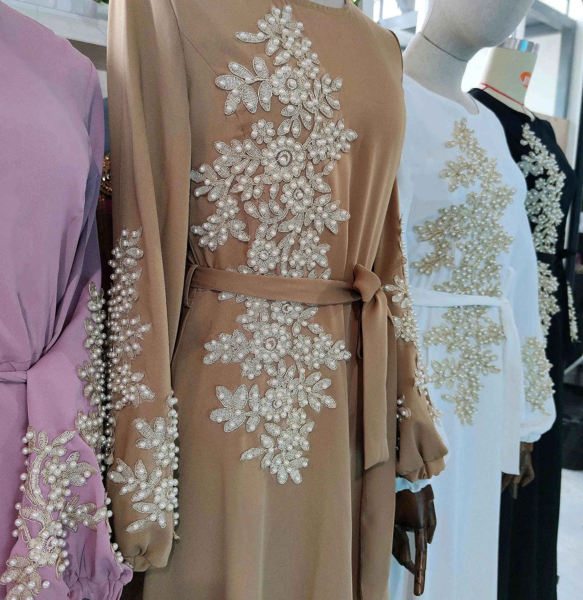 Women's New Handmade Pearl Flower Prayers Muslim Turkish Indian Abaya Arab Islamic Women Moroccan Kraftan Dress Ramadan