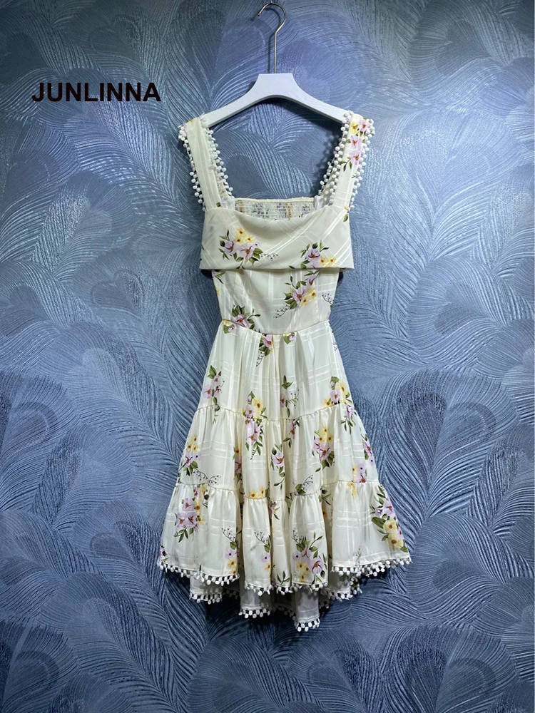

Женское дизайнерское платье JUNLINNA, элегантная Праздничная кофта на бретелях-спагетти без рукавов с цветочным принтом и бантом, лето 2022