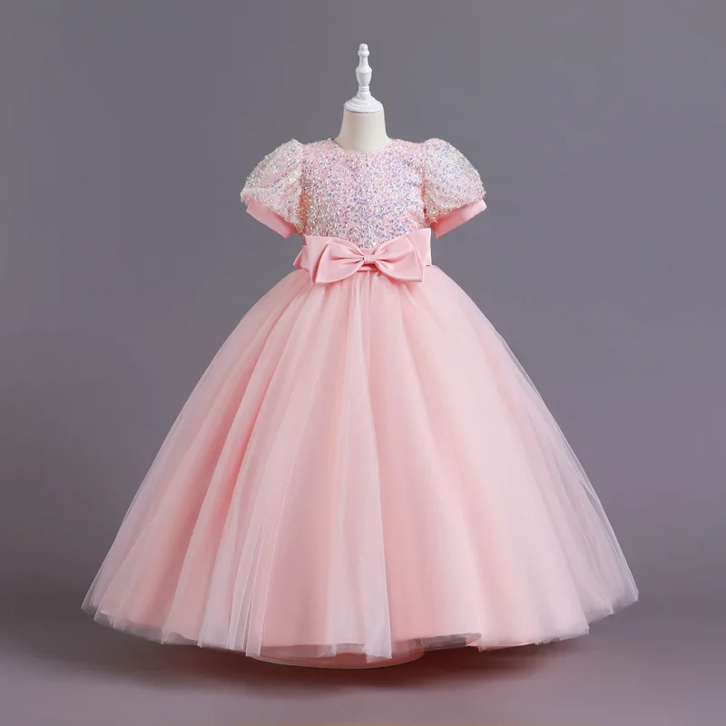 

New 2023 Girls Evening Ball Gown Glitter Dresses Elegant Cute Lace Dress Short Sleeve Princess Party Casual Round Neck Vestidos