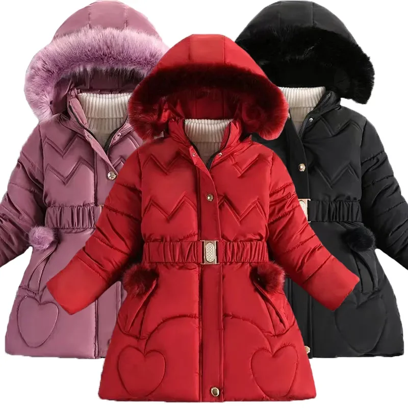

3-8 Years Winter Keep Warm Girls Jacket Love Heart Pattern Small Ball Decoration Removable Hood Lined With Padded Hooded Coat