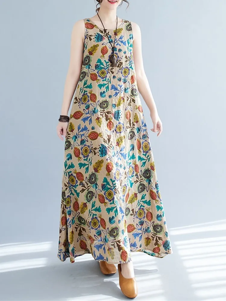 

Женское хлопковое винтажное платье без рукавов, повседневное Свободное длинное платье с цветочным принтом, элегантная одежда большого раз...
