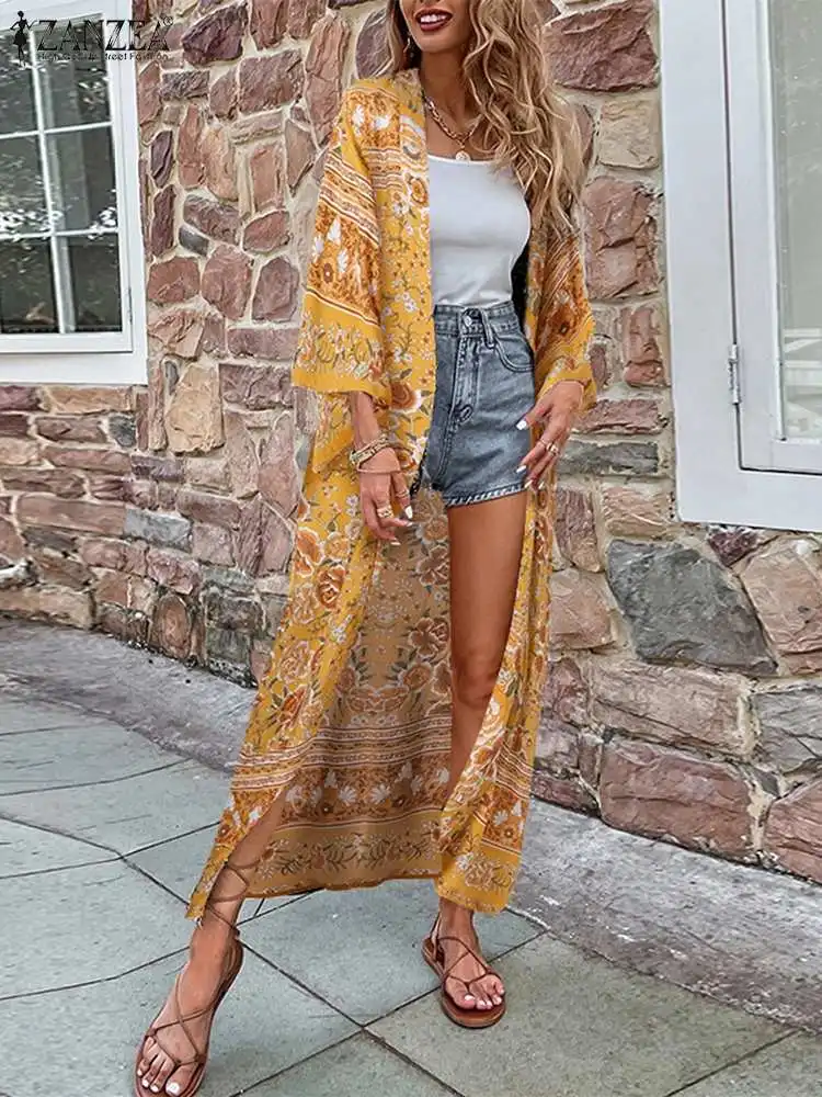 

ZANZEA Women Bohemian Floral Print Kimono Cardigan Summer Beach Long Blouse Casual Holiday Shirt Loose Lace Up Tops Outwear